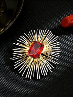 Ruby Red Starburst Brooch Vintage Style